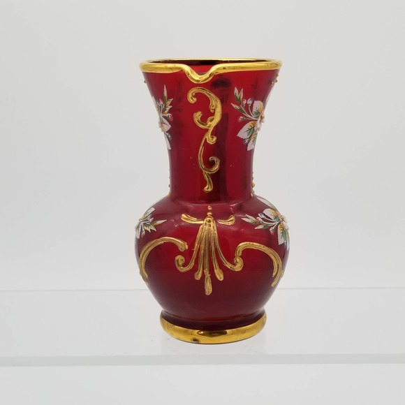 Ruby Red Glass Handpainted Miniature Vase Pitcher Gold Floral Italian Vintage - Picture 5 of 8